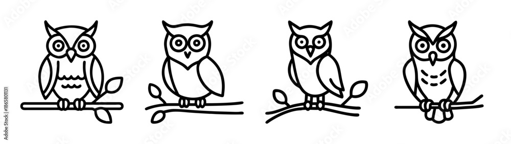 Fototapeta premium Vector illustration of four owls perched on branches black and white outline drawing clip art images