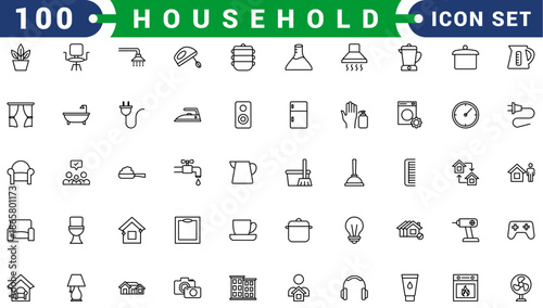Household appliances vector icon set such as toaster, blender, hairdryer, electric range, video and photo camera. Editable line icon collection