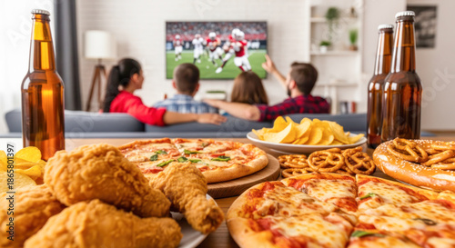 Group of friends enjoying a Super Bowl watch party with delicious snacks and drinks, creating a lively and festive atmosphere for celebration
