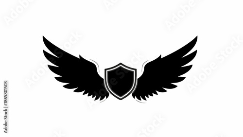 Black shield with spread wings emblem symbolizing protection and security