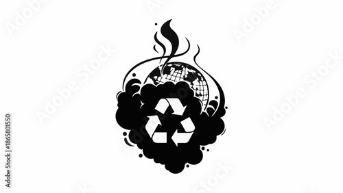 Planet Earth engulfed in flames and smoke, symbolizing environmental crisis and pollution.