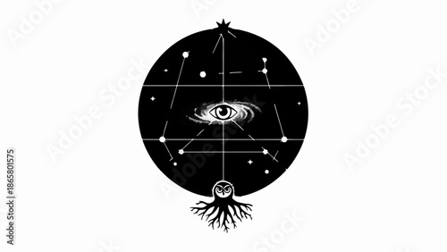 Mystical cosmic eye within celestial geometric pattern and tree roots, representing universal connection and ancient wisdom.