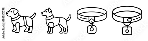 Dog collar types and styles for pets outline drawing vector illustration line art design