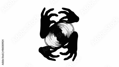 Abstract swirling vortex with menacing shadowy hands reaching out