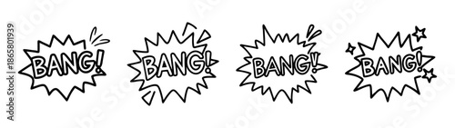 Bang comic speech bubble vector illustration set, explosion sound effect graphic design element, pop art
