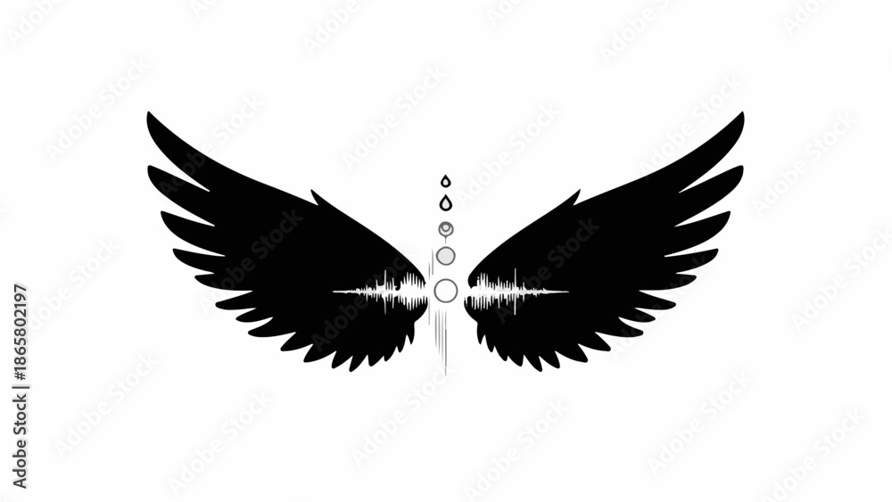 Obraz premium Mysterious black wings with glowing sound wave and circles on white background
