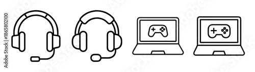 Outline gaming setup featuring headsets and laptops for esports and streaming equipment needs today