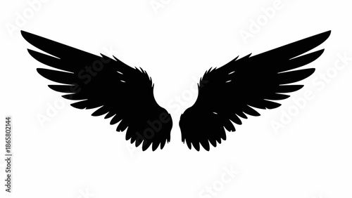Majestic black angel wings spread wide against a clean white background, symbolizing freedom and spiritual power.