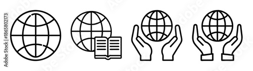 Global education and knowledge sharing concept with hands holding earth and books line art