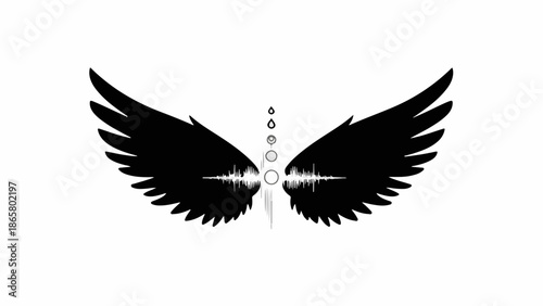 Mysterious black wings with glowing sound wave and circles on white background