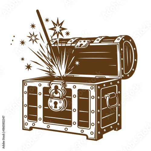 Vintage Brown treasure chest with open lid and sparks coming out isolated on white background
