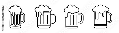 Vector outline illustration of beer mugs with foam for brewery pub or oktoberfest design