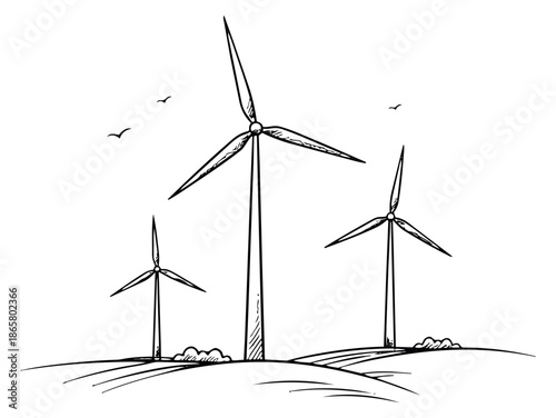 Hand drawn line art illustration of wind turbines depicting clean energy production for environmental concepts
