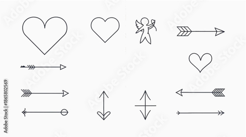 A minimalist icon set featuring clean line art illustrations of hearts, a Cupid figure with a bow, and decorative arrows. The design is presented in a modern, flat style with thin grey outlines 