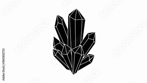 Mysterious cluster of dark, sharp geometric crystals on a white background.