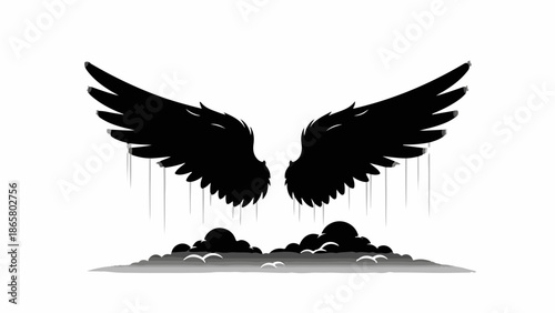 Mysterious black wings spread above a shadowy, ethereal landscape.