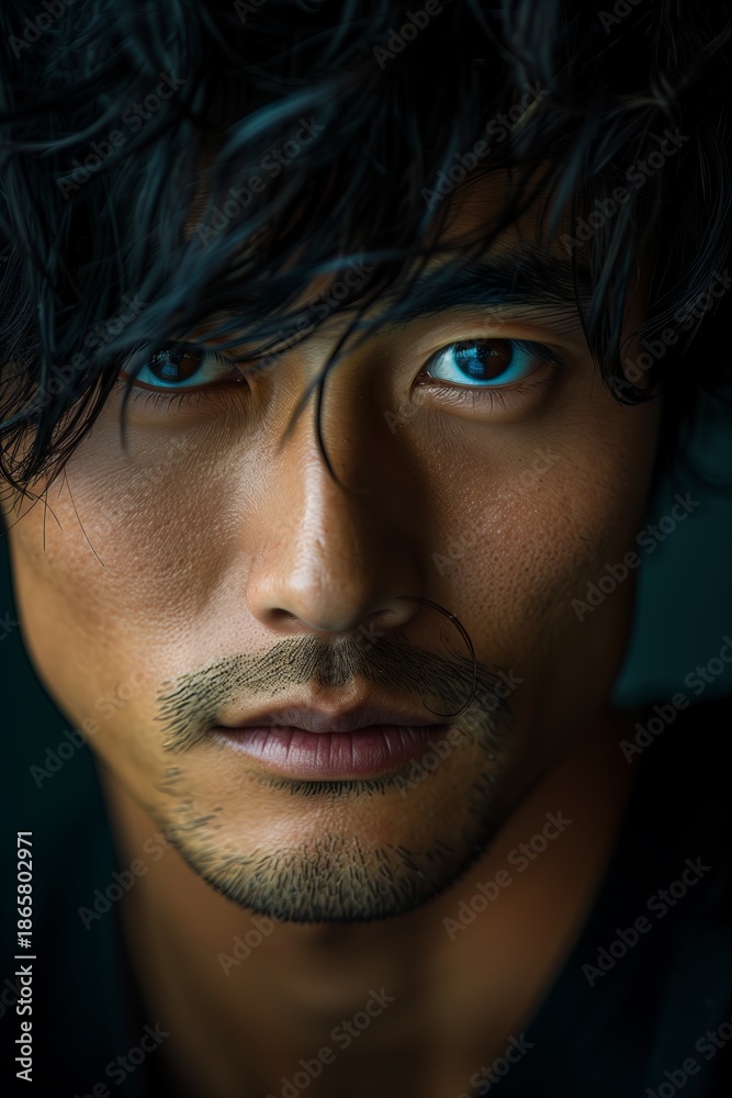 Obraz premium Portrait of a man with dark hair and intense blue eyes showcasing deep expression and focus in studio setting