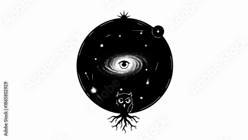 Whimsical owl beneath a cosmic eye within a starry galaxy