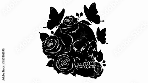 Mysterious black skull adorned with dark roses and fluttering butterflies on a white background.