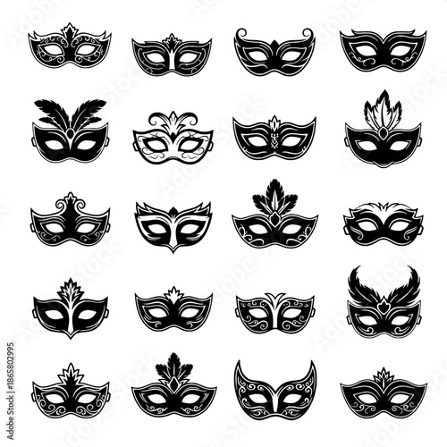 “Carnival masquerade masks in black silhouette, evenly aligned grid, flat graphic illustration, print-ready vector style.”