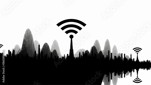 Abstract sound wave visualization with prominent wireless signal icons representing connectivity.