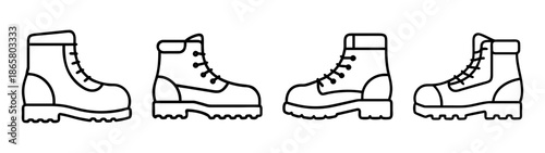 Outline drawing of black and white combat boots fashion footwear for hiking and outdoor activities