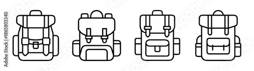 Backpacks rucksacks travel bags hiking packs camping gear outdoor equipment vector line art set