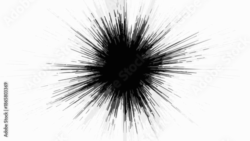 Explosive burst of black energy radiating outward on a white background