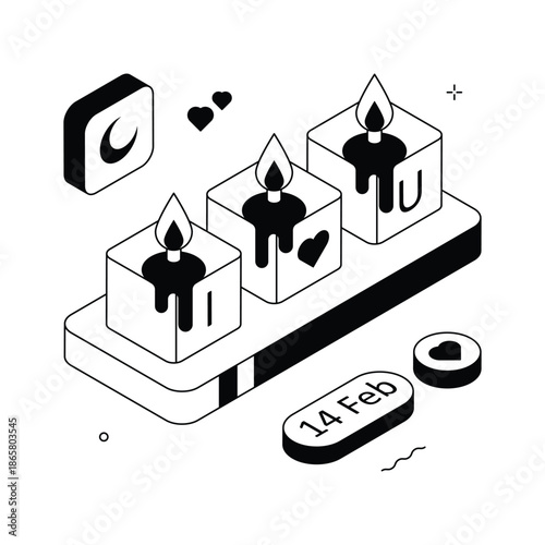 Elegant isometric illustration of valentines day candles for romantic ambience