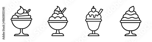 Ice cream sundae dessert vector illustration assorted flavors and toppings outline drawing design