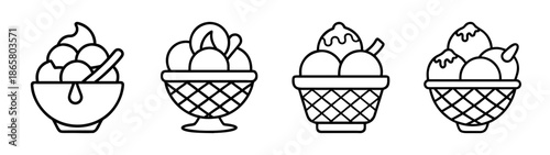 Ice cream dessert vector line art illustration collection of sundae cones and cups for coloring page design