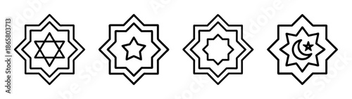 Religious symbols icons set vector illustration: star of david, crescent, star, and shapes design