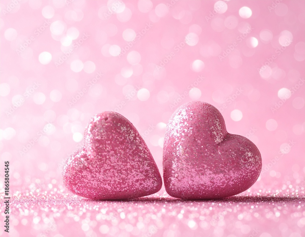 Fototapeta premium Two Hearts On Pink Glitter In Shiny Background