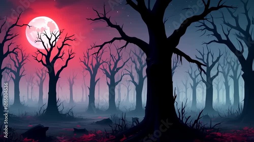 A spooky forest silhouetted under a blood-red sky, with a full moon and eerie fog