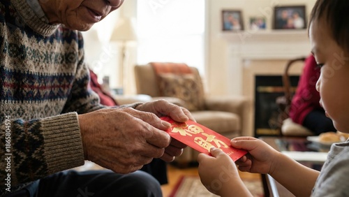 Old caucasian man giving red envelope with golden character to little asian child. Lunar New Year celebration, tradition for chinese new year and Spring Festival.