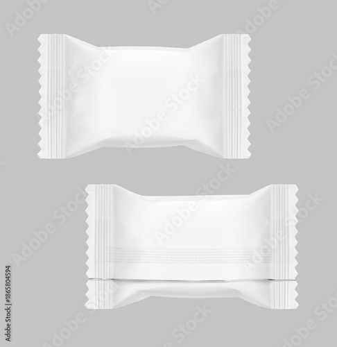 Realistic flow pack for candy mockup. Front and back view. Vector illustration on grey background. Easy to use for presentation your product, idea, design. EPS10.