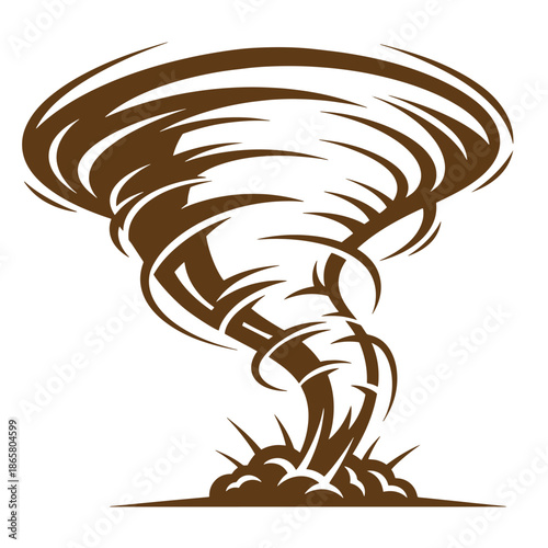 Vintage Tornado illustration in brown color with swirling winds and debris on the ground  natural disaster symbol