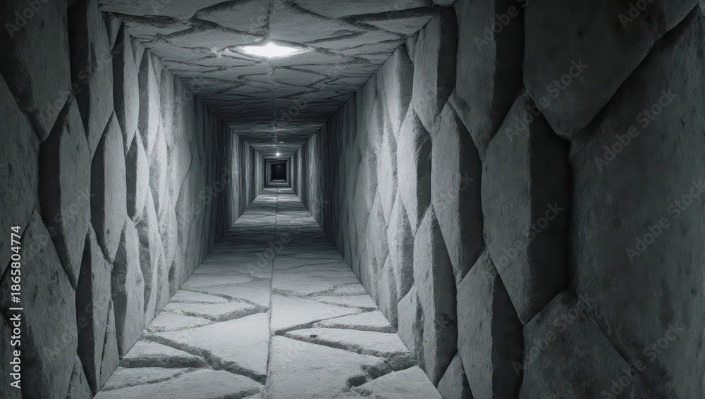 Fototapeta premium Long, narrow, stone tunnel with central lighting and textured walls