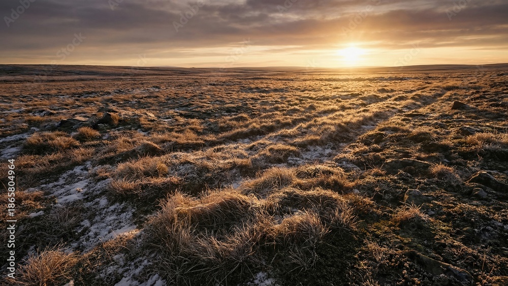 Fototapeta premium Nordic landscape featuring a frosty field with dry grass at sunrise. Scenic view of winter nature for travel and wilderness exploration.