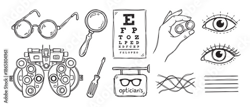 Optometry and vision care equipment icons hand-drawn in a black and white doodle style, featuring a phoropter, eyeglasses, Snellen chart, and other ophthalmology tools