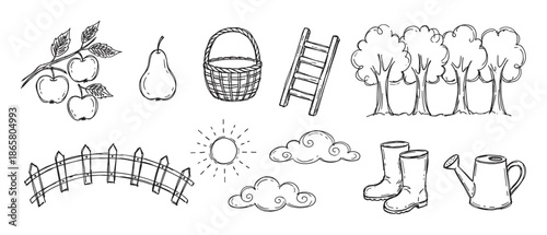 Hand-drawn black and white gardening icons set with apple, pear, basket, ladder, trees, fence, sun, clouds, boots, and watering can in a simple doodle sketch style