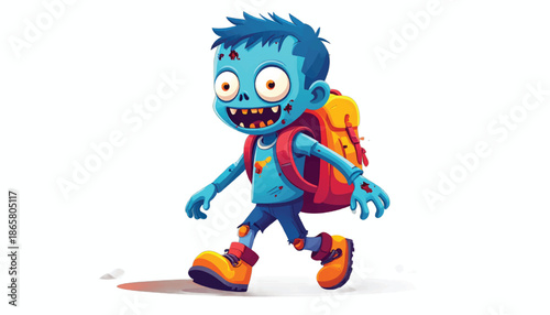 Cartoon Zombie Schoolboy Walking with Backpack Illustration.