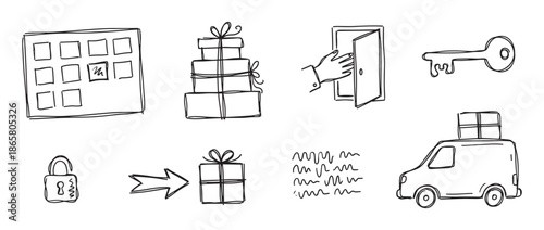 Hand drawn doodle icon set illustrating the online shopping and delivery process, with a calendar, gift boxes, key, padlock, and a van for e-commerce and logistics concepts