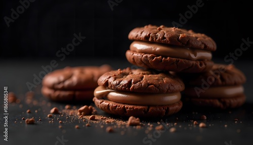 Close-up chocolate cream biscuits on dark background. Brown crispy cookies with creamy chocolate filling, delicious sweet dessert, perfect for snack or confectionery concept.