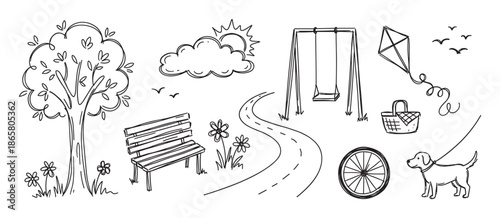 Set of hand-drawn park and outdoor activity doodles including a tree, swing, kite, picnic basket, and dog in a charming black and white line art illustration style