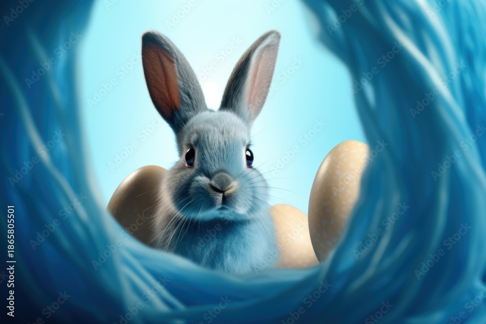 Obraz premium Sweet rabbit peeking from a blue basket with beige easter eggs, celebrating spring