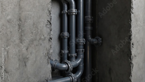 Wallpaper Mural Gray industrial pipes emerging from a rough concrete wall Torontodigital.ca