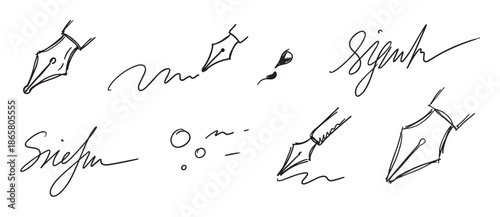 Collection of hand-drawn fountain pen nibs, abstract signatures, and scribbles in a minimalist black line art style, representing handwriting, contracts, and creative writing