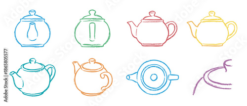 Collection of colorful hand-drawn teapot and kettle icons with a rough, textured crayon or chalk line art style, showcasing various shapes and perspectives