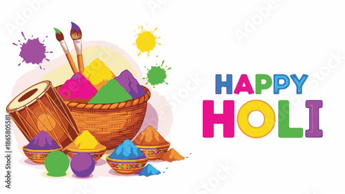 Vibrant happy holi celebration with colorful paints and pots